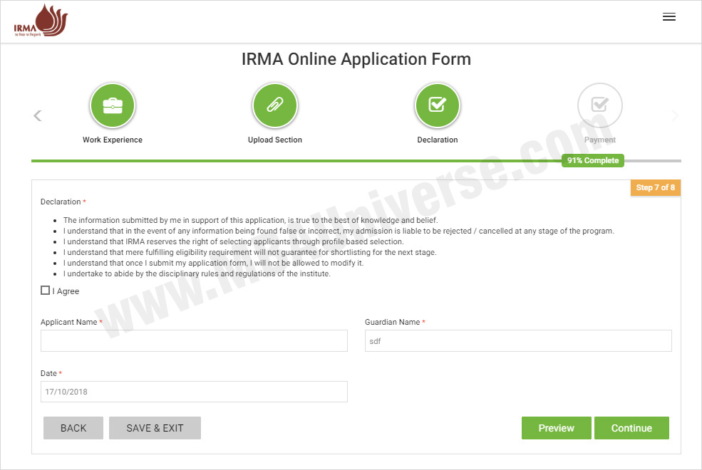 IRMASAT Application Form, Registration, Dates and Fees